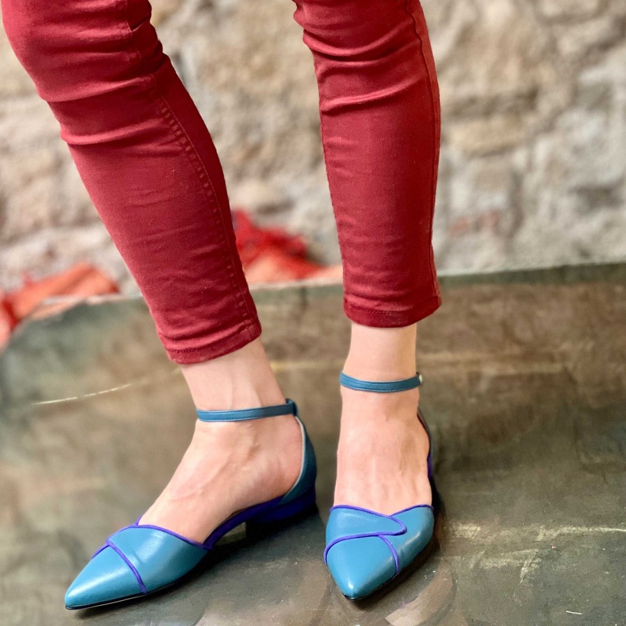 Hot La Gatta Con Gli Stivali Wrap Blue Ballerina Con Tacco In Nappa Blu Profilata Artigianale Toscana