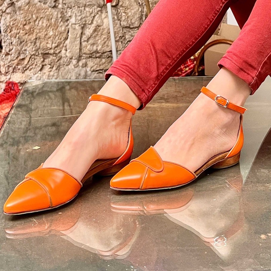 New La Gatta Con Gli Stivali Wrap Orange Ballerina Con Tacco In Nappa Arancione Profilata Artigianale Toscana