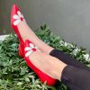 New La Gatta Con Gli Stivali Chamo Red Ballerina Sfilata In Nappa Rossa Con Fiore Stile Anni 60 Artigianale